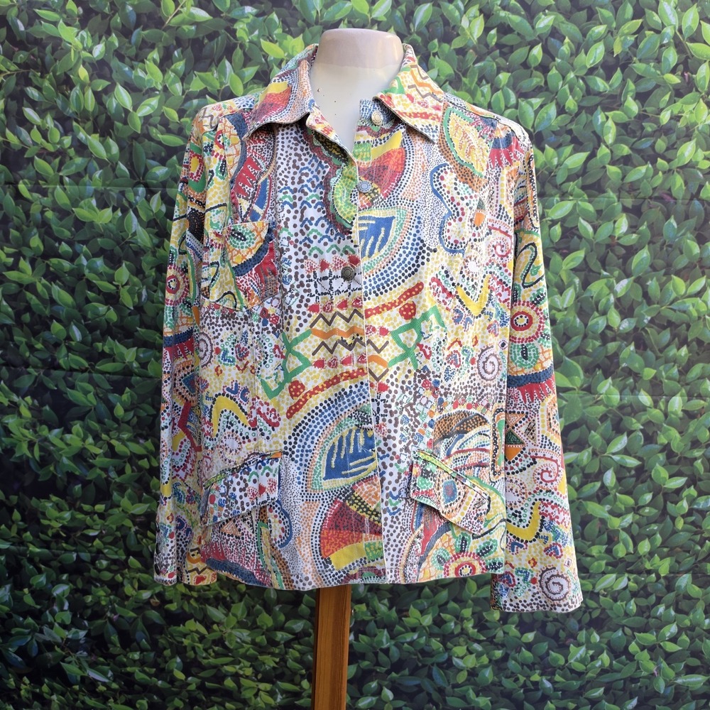 Chico's Jacket Women's Size 2 Colorful Abstract Print Button Front Cotton